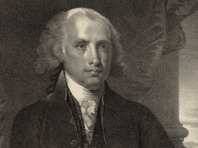 A black and white portrait of James Madison